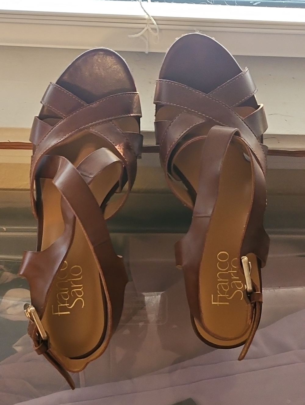 Franco Sarto Brown Leather Crisscross Heeled Sandals